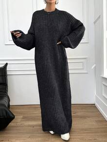 EURMUSE Women's Casual Solid Color Round Neck Long Sleeve Sweater Dress - Dark Grey - View 7