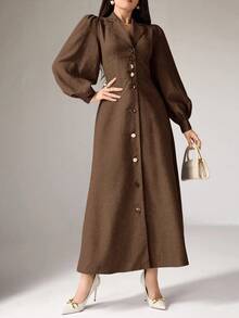 Heiryn 女式纯色前扣优雅长袖连衣裙 - 棕色 - 查看 3