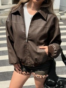 SHEIN EZwear Plus Size Autumn/Winter Faux Leather Jacket With Lining, Distressed & Washed Effect,Fall Clothes For Women