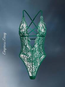Snug Zone Floral Lace Crisscross Teddy Bodysuit Lingerie - Dark Green - View 6