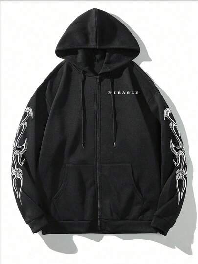 Manfinity Homme Plus Size Men's Letter Print Long Sleeve Zip Front Pocket Drawstring Hoodie Sweatshirt, Black Graphic Zip Up, Graphic Zip Up Hoodie Men S, Black And White Zip Up Hoodie , Fall