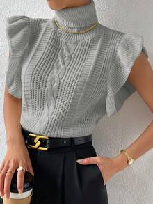 Chiquease Women's Autumn/Winter High Collar Patchwork Ruffle Hem Knitted Vest - Light Grey - View 7