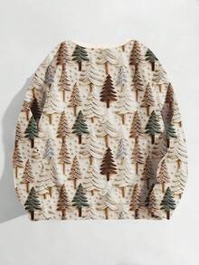 EMERY ROSE Christmas Tree Pattern Textured Crew Neck Sweatshirt, Women's Comfortable Long Sleeve Casual Pullover Suitable For Daily And Holiday Wear - Multicolor - View 2