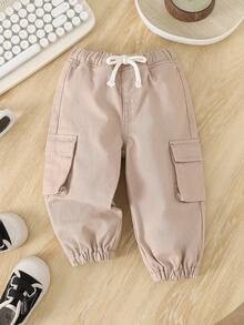 Baby Boy Casual Soft Basic Drawstring Waist Cargo Pocket Khaki Denim Jogger Pants, Fall Winter,Casual And Versatile For Baby Fall/Winter Dailywear And Streetwear, Christmas,New Year,Thanksgiving - Khaki - View 7