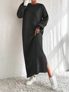 EURMUSE Women Solid Drop Shoulder Split Side Sweater Dress - Dark Grey - View 5