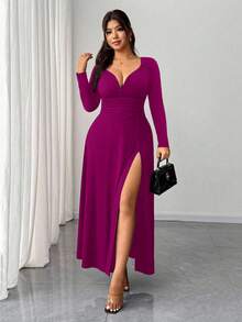 Elenzga Robe de soirée moulante élégante à manches longues et col en V pour femme grande taille, design fendu à la mode et polyvalente