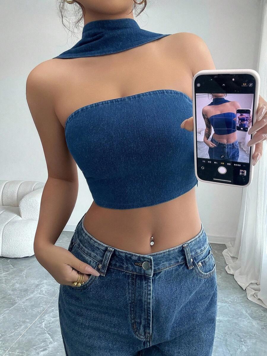 Siren Gaze 女士藍色彈性牛仔頂部，街頭時尚性感露背領 - 深色水洗藍 - 查看 1