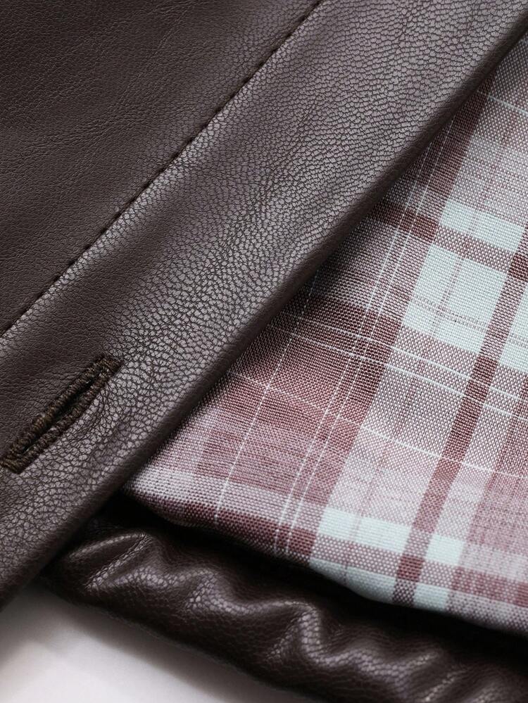 Women's Solid Color PU Jacket With Drawstring Hem And Plaid Patchwork, Casual Street Style For Autumn/Winter Women Coats