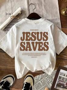 INAWLY 耶稣拯救标语字母图案女款圆领T恤 - 白色 - 查看 3
