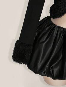 SHEIN ICON Plus Size Solid Fuzzy Trim Open Front Crop Fall Clothes Women Jacket/ Winter - Black - View 7