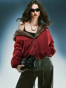 Airlisse Reversible Burgundy Faux Suede & Faux Fur Lining Padded Coat, Autumn/Winter - Red - View 1