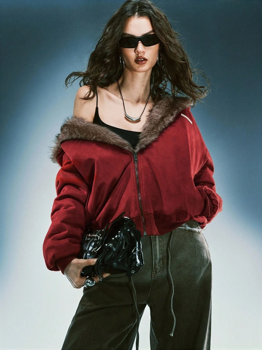 Airlisse Reversible Burgundy Faux Suede & Faux Fur Lining Padded Coat, Autumn/Winter - Red - View 1