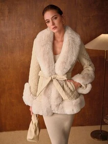 MOTF PREMIUM DAMEN PAILLETTEN PELZKRAGEN TAILLIERTER GÜRTEL GESTEPPTER WINTERMANTEL - Aprikosenfarben - Übersicht 5