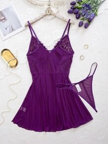 SHEIN Plus Size Lace Splicing Mesh Sleeveless Dress Wireless And Thong Set, 2pcs - Red Violet - View 8