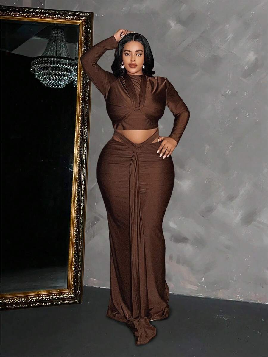 Maweii Plus Size Women's Sexy Twist Tie Long Sleeve Crop Top And Hollow Lace-Up Waist Skirt Set, Autumn - Rust Brown - View 1