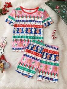 2pcs Girls Cartoon Christmas Pattern Short Sleeve Shorts Snug Fit Pajama Set Kids Two Piece Set Girls Pajamas Shorts Sets Kids Christmas Pajama - Multicolor - View 1
