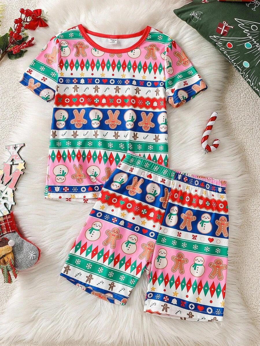 2pcs Girls Cartoon Christmas Pattern Short Sleeve Shorts Snug Fit Pajama Set Kids Two Piece Set Girls Pajamas Shorts Sets Kids Christmas Pajama - Multicolor - View 1