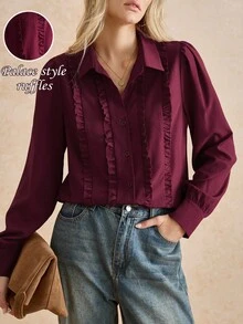 Écloséra 法式复古优雅酒红色修身派对上衣秋季女士长袖衬衫服装秋季秋冬教师女士搭配长袖衬衣 - 酒紅色 - 查看 3