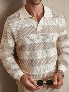 Manfinity Homme 男士条纹长袖休闲 Polo 领毛衣，秋季 - 彩色 - 查看 4