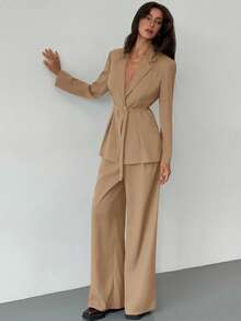 Aloruh Conjunto elegante de chaqueta de manga larga cruzada y pantalones de unicolor, ropa de otoño e invierno para mujer