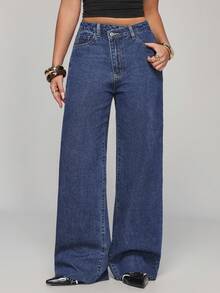 SHEIN PETITE Women's Asymmetric Waist Pocket Wide Leg Loose Casual Denim Pants ,Petite Women - Dark Wash - View 4