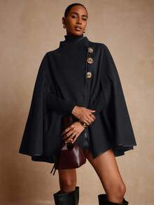 Vesra Women's Decorative Button Closure Poncho Coat (Uniform Cutting Direction For Bulk Production Metal Buckle Button Ups