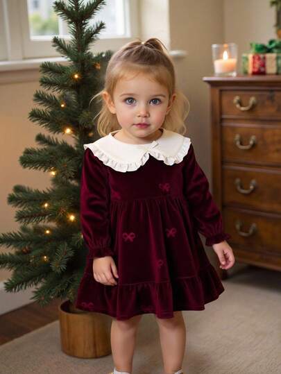 SHEIN Baby Girls' Doll Collar Ruffle Bow Puff Sleeve A-Line Dress. Doll Collar Design, Cute And Fashionable. 3D Bow And Puff Sleeves, Classic A-Line Silhouette, Exquisite And Elegant. Whether Taking Your Baby Out To Play Or Attending A Party, This Dress Will Make Your Baby The Center Of Attention. Fall Winter