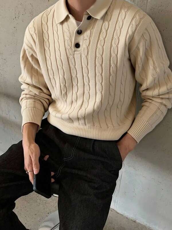 Claim Dot Plus Size Men's Solid Color Half-Button Textured Knit Casual Sweater Cable Knit Cashmere Sweater Suitable For Parties, Offices, Homes, Commutes, And Outdoor Activities Cream Outfit Men Men Buttoned Knitted Polo