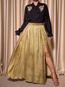 Cravure Christmas Plus Size Women's Elastic Waist Glittery Slit Hem Skirt, Suitable For Party And Evening Wear - Gold - View 5
