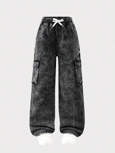 SHEIN Explorewe Tween Girls' Distressed Drawstring Waist Loose Casual Denim Cargo Pants