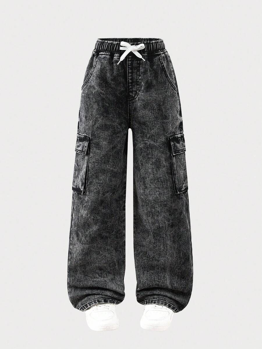 SHEIN Explorewe Tween Girls' Distressed Drawstring Waist Loose Casual Denim Cargo Pants - Grey - View 1