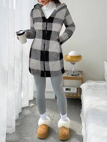 SHEIN EZwear 女式休闲拉链格子毛绒连帽夹克，秋季 - 黑色 - 查看 5