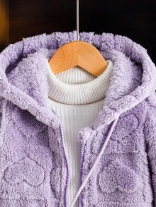 SHEIN 甜美纯色仿皮草外套，适合年轻女孩，饰有3D心形纹理图案，柔软可爱，适合秋冬 - 紫色 - 查看 5