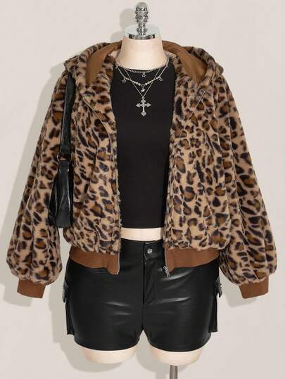 SHEIN ICON Plus Size Winter Women Front Zipper Long Sleeve Simple Hooded Fleece Jacket, Casual Everyday Wear