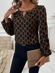 SHEIN Clasi 女士优雅缺口领几何印花长袖衬衫，适合通勤 - 彩色 - 查看 4