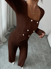 Elenzga Women Dark Brown 2 Pieces Set,Elegant Double-Breasted Fitted Blazer & High Waist Straight Leg Pants,Fall Winter Birthday Party Commuter Style Outfits - Brown - View 7
