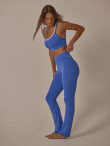 Aralina 女式双肩带镂空短款上衣和高腰紧身裤弹力健身套装 - 藍色 - 查看 3