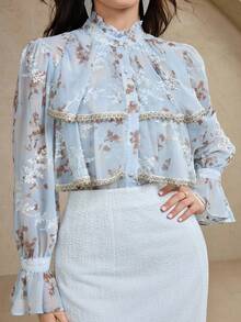 DAZY Chemisier élégant à col à volants en dentelle florale et patchwork pour femmes, Top à manches longues pour l'automne