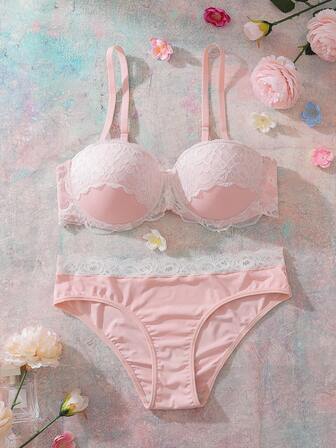 FloralLove 2件套女士优雅撞色蕾丝拼接内衣套装