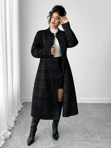 Elenzga 大码女式单排扣羊毛大衣，时尚优雅简约文艺风女士服装 - 黑色 - 查看 4