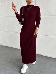 EURMUSE Women's Fitted Long Sleeve Long Black Dress, Casual & Elegant - Burgundy - View 3