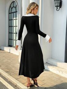 Chiquease Women's French Elegant Long Dress,Retro Black And White Bow Tie Contrasting Color Design,Autumn A-Line Waist Elastic Office Dress Clothing - Black - View 4