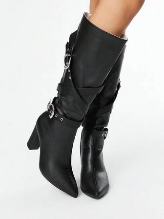 Grunge Punk Women's High Heel Boots, Versatile Elegant Pointed Toe Fashion PU Thick Heel Boots, Autumn/Winter