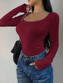 SHEIN BASICS 女士休闲纯色针织圆领长袖修身T恤，升级保暖面料，保暖内衬轻薄不臃肿，秋冬季修身弹力打底衫，红色上衣 - 酒紅色 - 查看 5