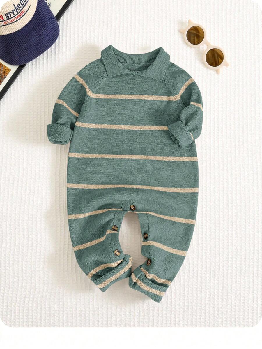 SHEIN Bộ đồ liền thân tay dài cổ polo kẻ sọc thời trang cho bé trai/bé gái mới sinh, phù hợp cho mùa thu/đông, trẻ mẫu giáo - màu xanh lá - Xem 1