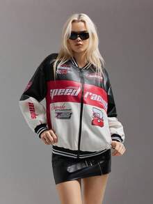 SHEIN ICON Áo khoác xe máy nữ, Áo khoác PU phối màu gợi cảm Avant-Garde, Thu/Đông - Nhiều màu - Xem 5