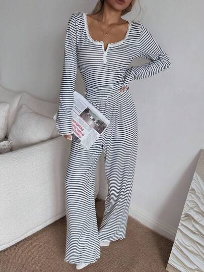 Dream Adore Set pigiama da donna casual con top a maniche lunghe e pantaloni, con stampa a righe e dettagli in pizzo sul collo quadrato, abbigliamento autunnale