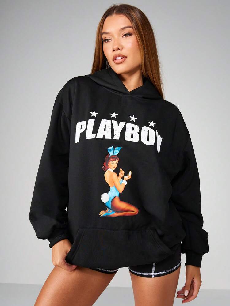 Missguided x Playboy Casual Long Sleeve Oversized Graphic Print Hooded Mini Dress Fall Winter Fashion Style Urban Mini Dress