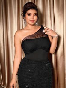 Cravure Plus Size Women's Luxury Black Summer Classy Night Out Club Party Style Knit Sleeveless Oblique Shoulder Mesh Twist Bodysuit,Wednesday Aesthetic - Black - View 3