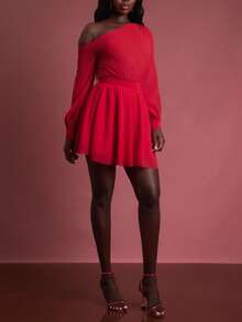 SHEIN Unity Vestido con hombros descubiertos, manga larga asimétrica, con detalles de flores y malla, para ocasiones especiales, salidas, citas, fiestas, estilo Y2K y vintage para otoño para mujeres - Rojo - Ver 5